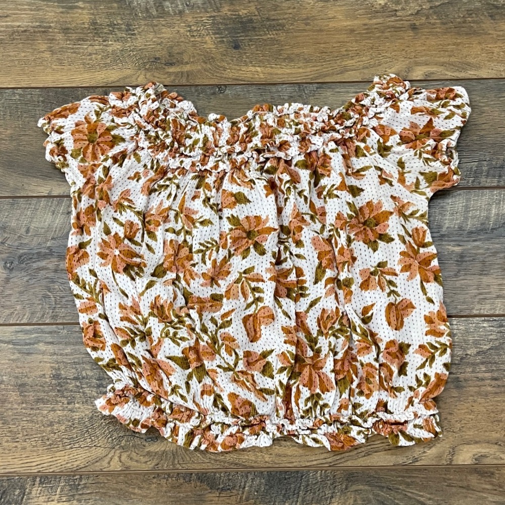 Free People FP One Floral Off Shoulder Smocked Blouse M Terracotta Cropped Top